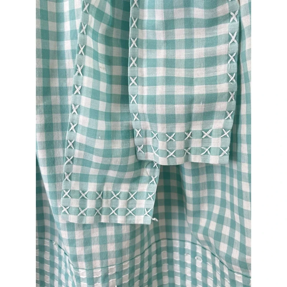 Half Apron Aqua Gingham Check White Cross-stitch Hand Made Pleated Vintage